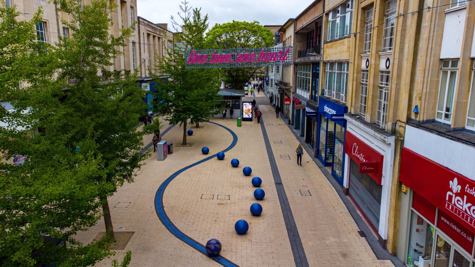 One Love, One Heart sign above Broadmead